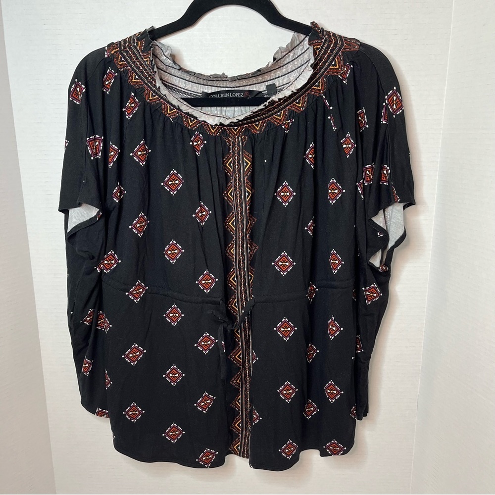 Colleen Lopez Off The Shoulder Oversized Patterned Black Red Peplum Top XS New!